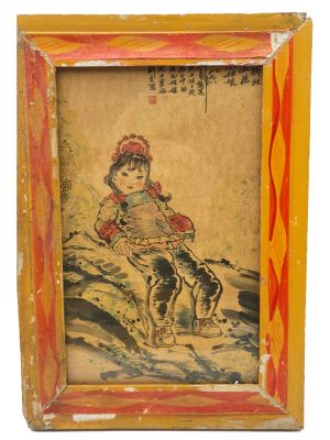 Ancien cadre chinois en Bois - Peinture - La jeune fille
