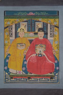 Famille de dignitaires Chine 2 personnes Dynastie Qing