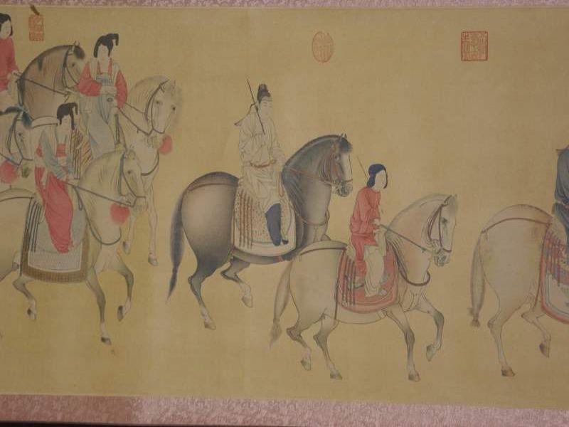Cliquez sur la vignette pour agrandir et survolez la photo pour zoomer Chinese Painting with Court Ladies on Horseback Scroll