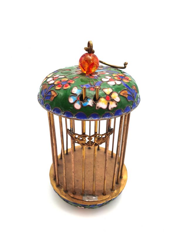 Cage à grillon Chinoise en Cloisonnée Photophore Verte