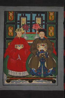 Portrait d'ancêtres chinois famille dignitaires 2 personnes