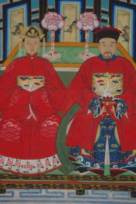 Portrait d'ancêtres chinois famille dignitaires 2 personnes