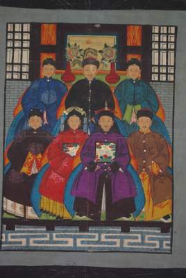 Peinture ancêtres chinois famille empereur 7 personnes