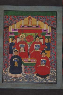 Peinture ancêtres chinois famille empereur 6 personnes