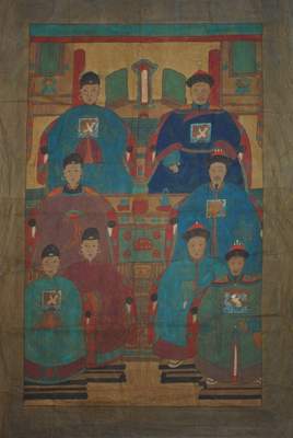 Grand portrait d'empereur sur toile famille de dignitaires