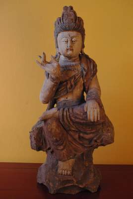 Grande Déesse en Bois Chinoise Guan-Yin Polychrome