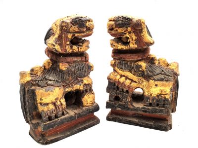 Petite Paire de Chien Foo en Bois lions Chinois