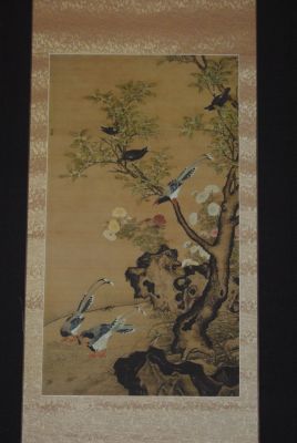 Peinture chinoise sur soie representant deux oiseaux