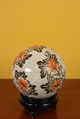 Boule Chinoise en Porcelaine avec Support Fleurs Oranges