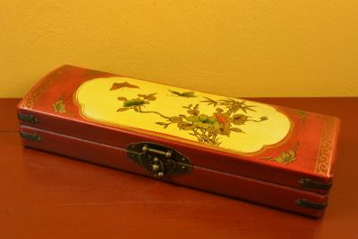 Long Chinese wooden box Red and Yellow Birds