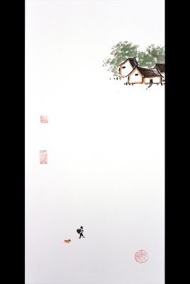 Modern Chinese painting - watercolor on rice paper - Hiking