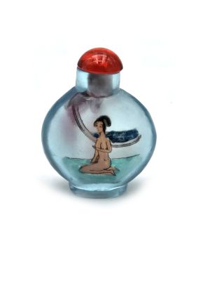 Old Chinese snuff bottle - Blown glass - Erotic - Blue - Round