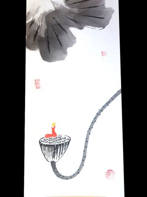 Peinture chinoise moderne - aquarelles sur papier de riz - Le moine sur la fleur de lotus