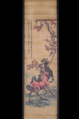 Petite Peinture Chinoise - Kakemono - Le cerisier et les chevaux