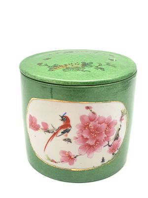 Petite Potiche Chinoise en Porcelaine Colorée - Brule encens - Oiseau sur un cerisier