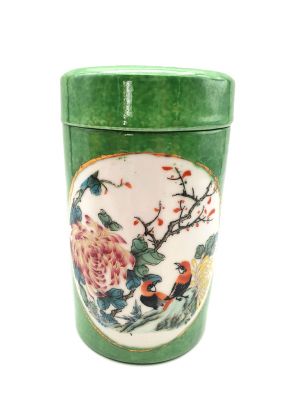 Small Chinese Porcelain Colored Potiche - Green - Birds on a branch