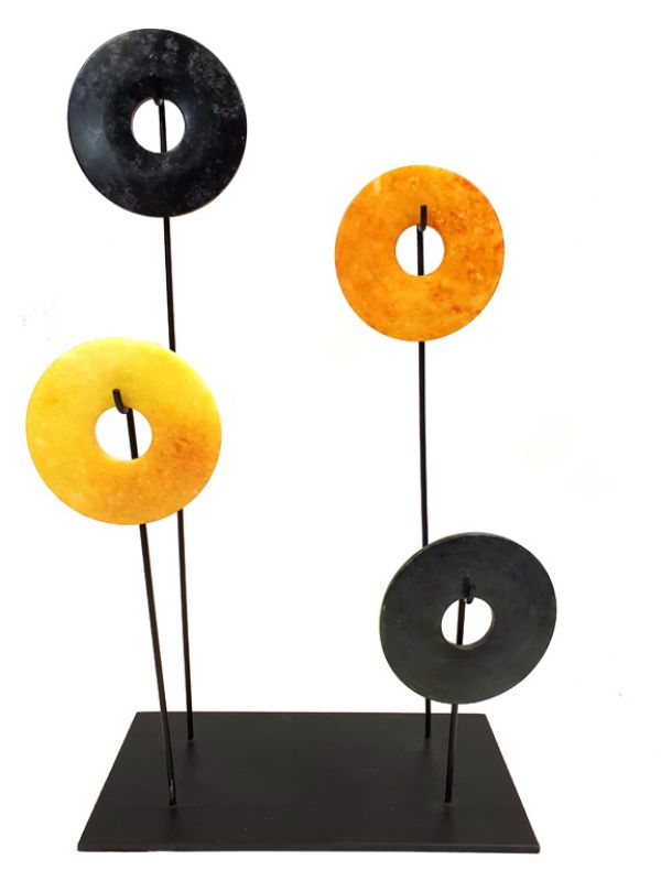 4 Chinese Bi Disks Set in Jade - Orange and black 1