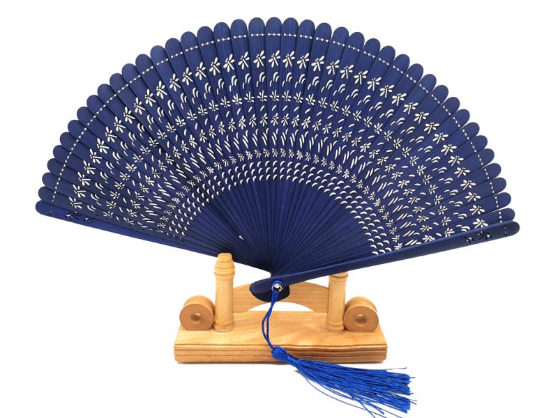 Abanico de madera de sándalo - Azul marino 1