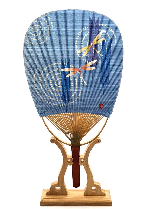 Haga clic en la imagen para ampliar Abanico japonés - Uchiwa - Madera y papel - Libélulas en el agua 1