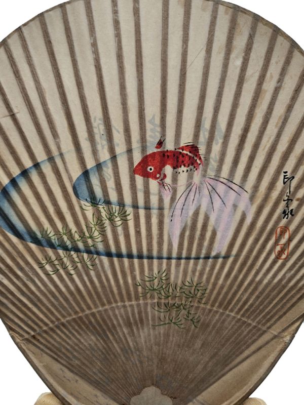 Abanicos japoneses antiguos - Uchiwa - Papel y madera - carpa japonesa de la suerte 2