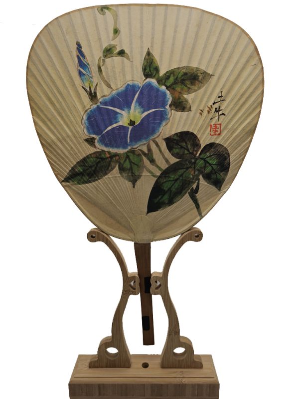 Abanicos japoneses antiguos - Uchiwa - Papel y madera - Gloria de la mañana - Correhuela azul - Amor fugaz 1