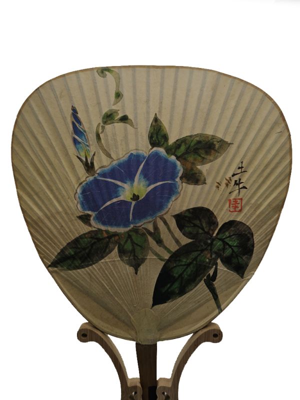 Abanicos japoneses antiguos - Uchiwa - Papel y madera - Gloria de la mañana - Correhuela azul - Amor fugaz 3