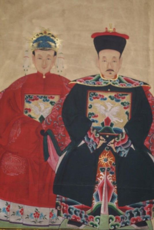 Ahnenpaare und Kaiser Chinesische Malerei Rot und Marineblau 2