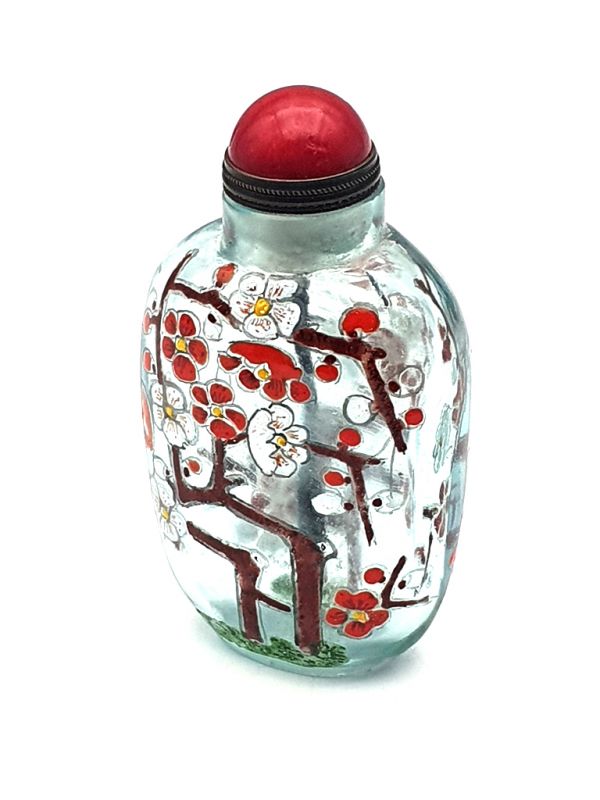 Alte chinesische Schnupftabakflasche - Geblasenes Glas - Blühender Baum - Rot 2