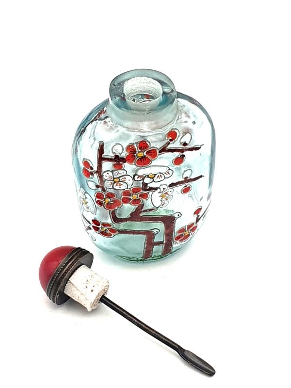Alte chinesische Schnupftabakflasche - Geblasenes Glas - Blühender Baum - Rot 3