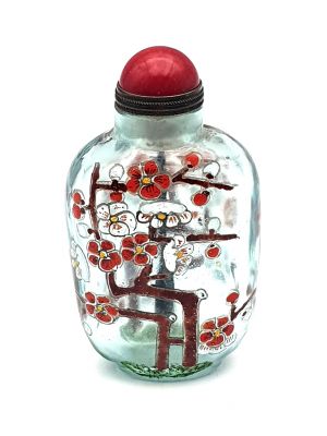 Alte chinesische Schnupftabakflasche - Geblasenes Glas - Blühender Baum - Rot