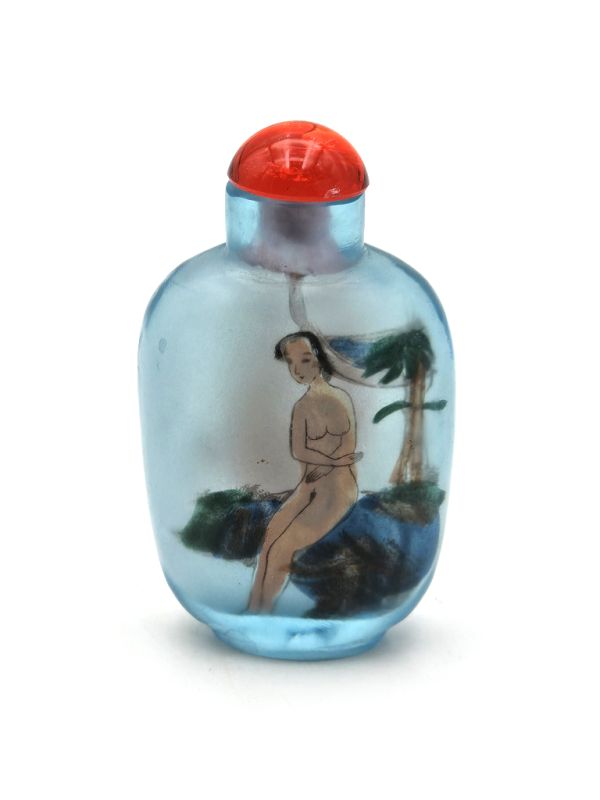 Alte chinesische Schnupftabakflasche - Geblasenes Glas - Erotisch - Blau - Oval 2