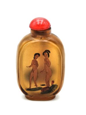 Alte chinesische Schnupftabakflasche - Geblasenes Glas - Erotisch - Braun