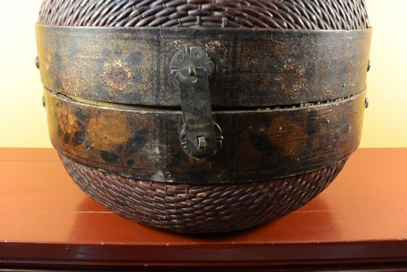 Alte große chinesische geflochtene Hutschachtel - Korbflechterei 2