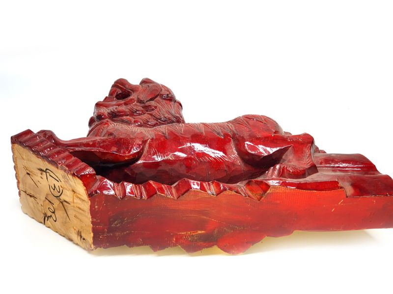 Alter chinesischer Steinlöwe in Holz - Doppelseitig - Natur und lackiert 5