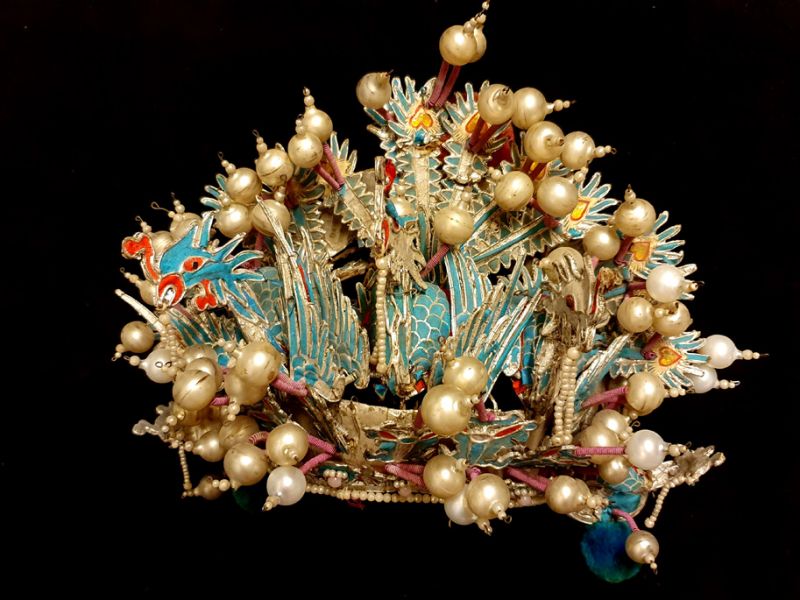 Alter chinesischer Theatre Kappe Der Phönix mit Glasperlen 3