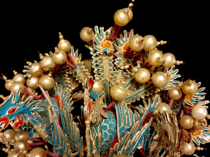 Alter chinesischer Theatre Kappe Der Phönix mit Glasperlen 4