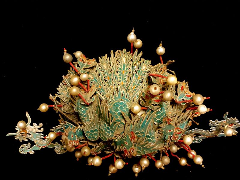 Alter chinesischer Theatre Kappe Doppelte Drachen und großer Phönix 2
