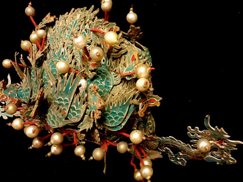 Alter chinesischer Theatre Kappe Doppelte Drachen und großer Phönix 3