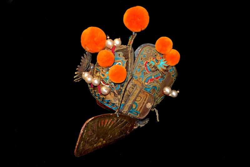 Alter chinesischer Theatre Kappe Helm - orange Pompons 4