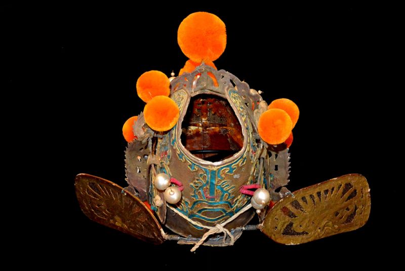 Alter chinesischer Theatre Kappe Helm - orange Pompons 5