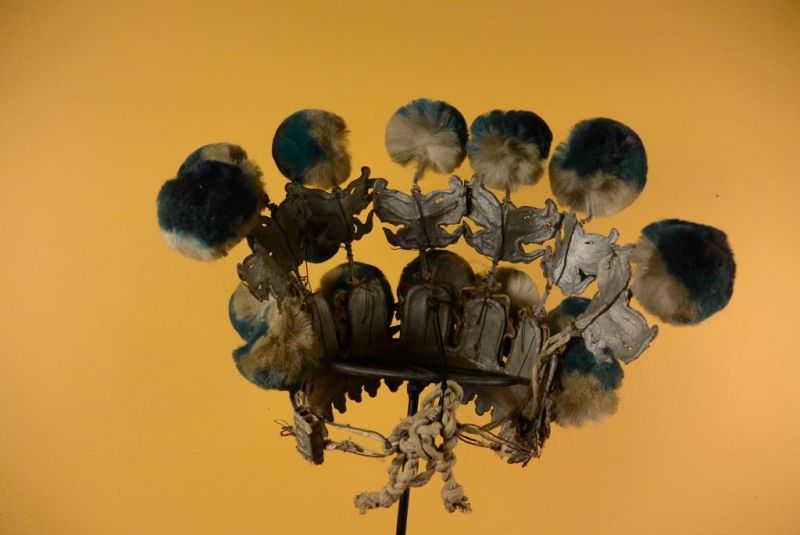 Alter chinesischer Theatre Kappe Krone / Weiß und Blau 5