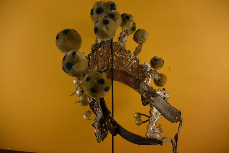 Alter chinesischer Theatre Kappe Weißen und blauen Bommel 4