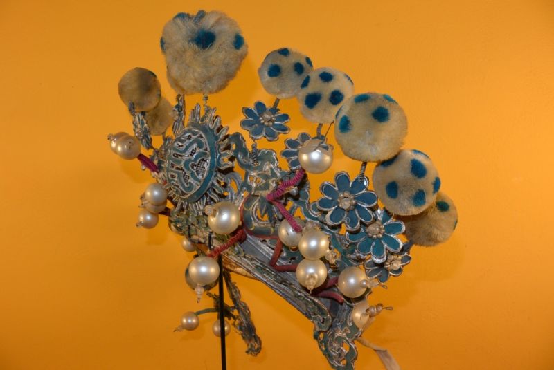 Alter chinesischer Theatre Kappe Weißen und blauen Bommel 5