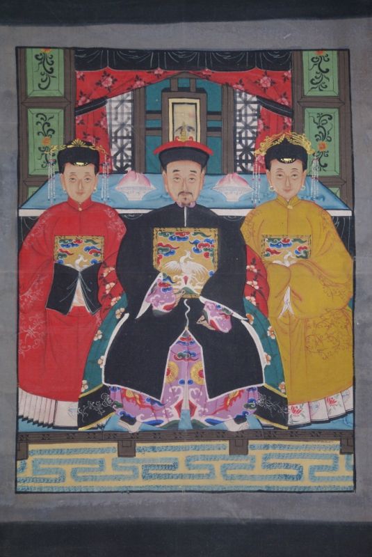 Ancêtres Chinois sur toile Dynastie Qing 3 personnes 1