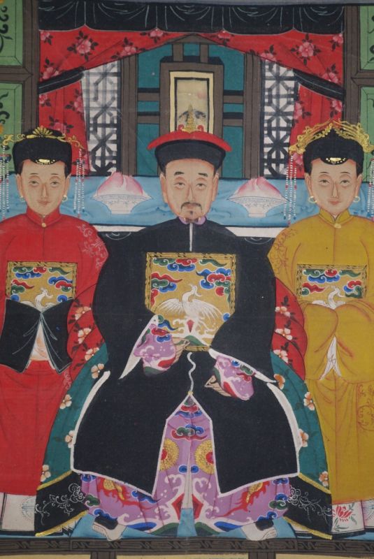Ancêtres Chinois sur toile Dynastie Qing 3 personnes 2