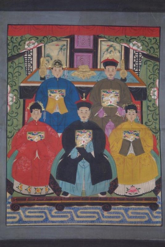 Ancêtres Chinois sur toile Dynastie Qing 5 personnes