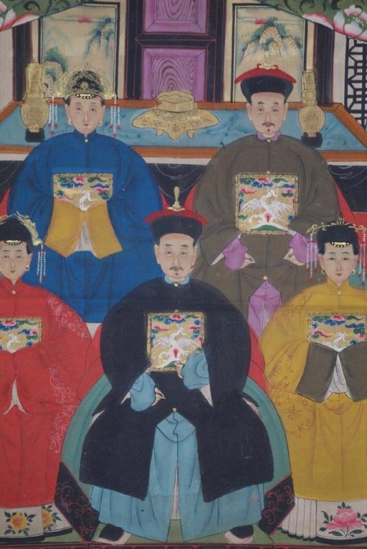 Ancêtres Chinois sur toile Dynastie Qing 5 personnes 2