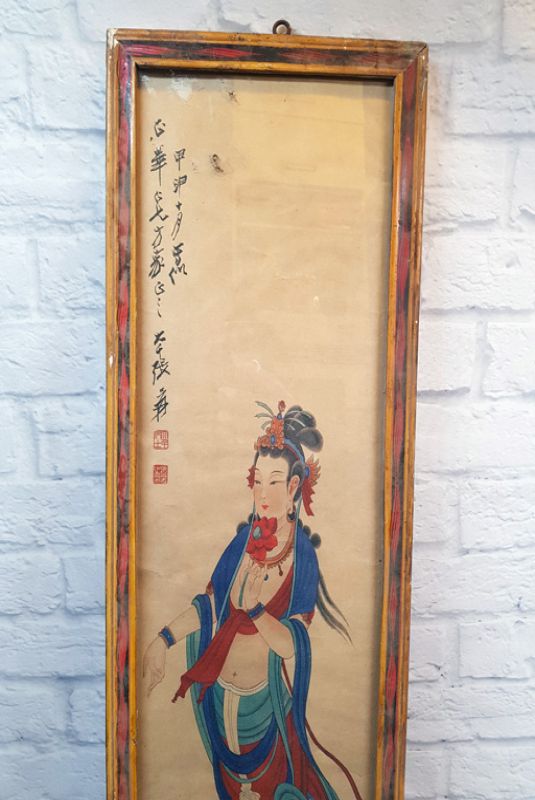 Ancien cadre chinois en Bois - Peinture - Déesse chinoise 1 2