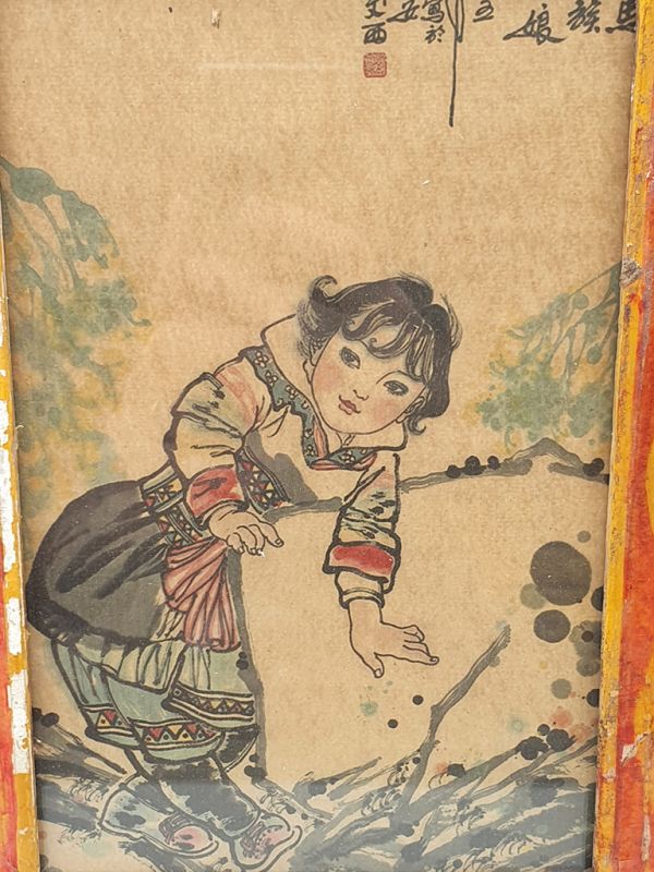 Ancien cadre chinois en Bois - Peinture - Jeune fille de la minorité Miao 2