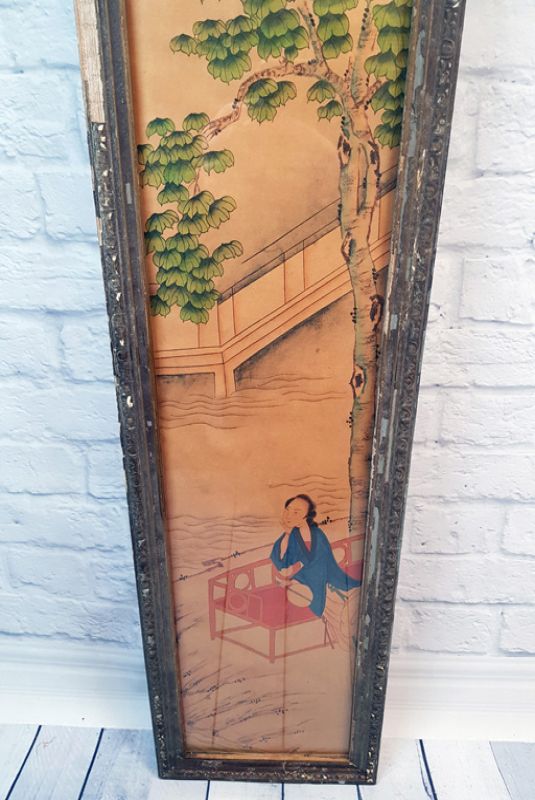 Ancien cadre chinois en Bois - Peinture - La femme sur le banc 3